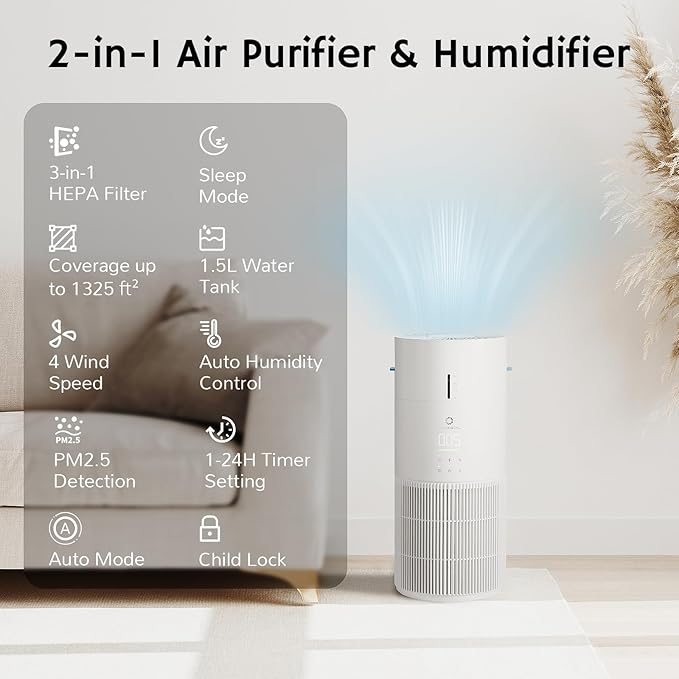 Airthereal 2-in-1 Air Purifier + Humidifier Combo for Large Room up to 1325 ft², 3-Stage Filters, Air Quality Monitor and Quiet Sleep Mode, Evaporative Humidifier with Auto Humidity Monitor, AEH300