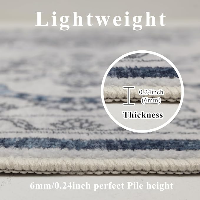 4x6 Washable Area Rug for Living Room, Carpet for Bedroom, Soft Faux Wool Retro Dining Room Rug, Non Slip&Non-Shedding Resistant Low Pile Vintage Print Rug for Home Office (Grey/Blue)
