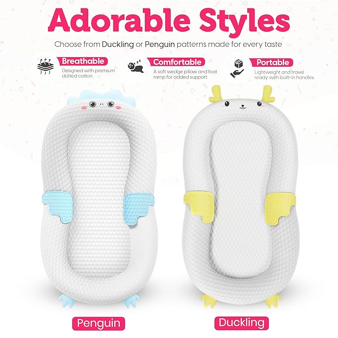 Baby Lounger for Newborn & Infant – Penguin Cozy | Quilted-Padding Center, Adjustable Safety Strap, 100% Cotton Cover, Washable Portable Infant Support Cushion by Sprinta