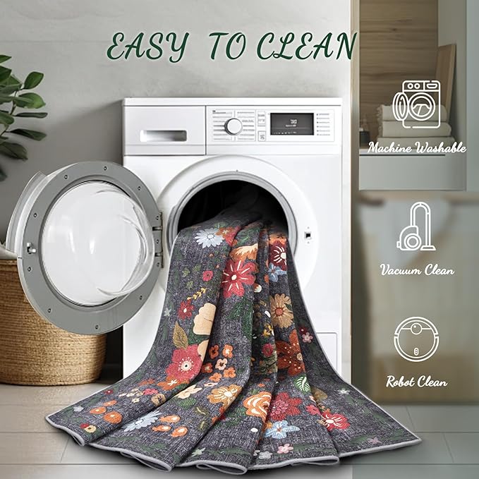 Area Rug Living Room Rugs: 6x9 Washable Rug Vintage Floral Soft Boho Non Slip Carpet Indoor Floor Non Shedding Low Pile Thin Carpets for Bedroom Dining Room Farmhouse Nursery Home Office Black