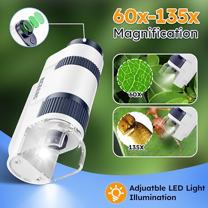 Handheld Portable Pocket Microscope for Kids - BEBANG 135x Mini Lab Kids Microscope with 5 Prepared Slides LED Portable Microbiological Observation Miniscope Tool for Science Exploration