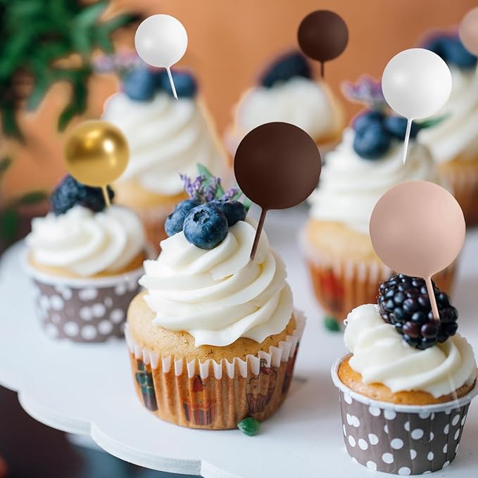 75 Pieces Cake Balls Topper Decorations Foam Cupcake Topper Mini Balloon Cake Topper Picks for Cake Deco Birthday Party Wedding(Brown Gold White Series)