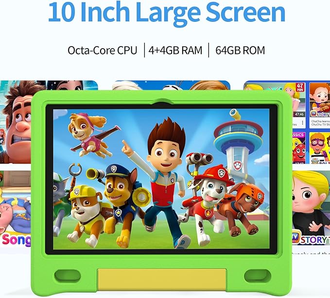 JREN Kids Table 10.1" |Android 14 Tablet for Kids|64GB Storage|Octa-Core|WiFi |Cameras|Parental Control|Kids Content|Case Included Great Gift for Children Ages 3-12 Years Old Green