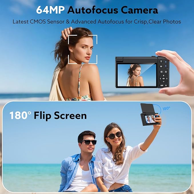 4K Digital Camera,64MP Camera for Photography with 3" 180° Flip Screen,16X Vlogging Camera for YouTube with 64GB Micro SD Card for Beginner, Teens