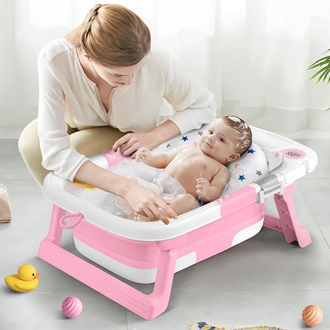 Collapsible Baby Bathtub,Baby Bath Tub with Thermometer & Soft Cushion,Baby Bathtub for Newborn to Toddler 0-36 Months,Portable Travel Baby Tub with No-Slip Feet,Baby Shower Gifts,Pink