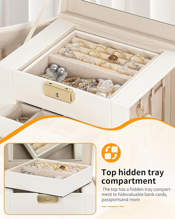 AKOZLIN 5-Tier Jewelry Box Leather Jewelry Storage Organizer with 4 Drawers Lockable for Women Girls Ring Necklace Earring Bracelet Watches Holder with Mirror White