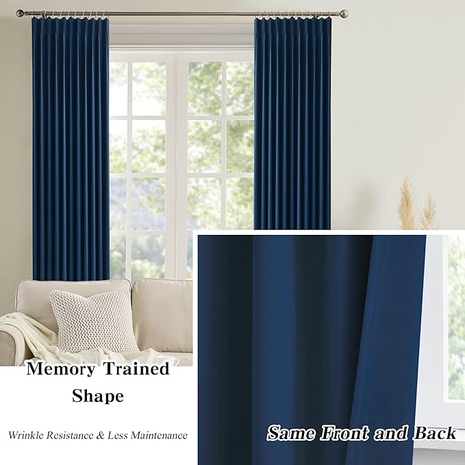 KEQIAOSUOCAI Pinch Pleated Curtains 120 Inches Long 10 FT Tall 2 Panels Set, Thermal Insulated Blackout Room Darkening Curtains for Bedroom,Window Draperies with Hooks(Navy Blue,40x120-inch)