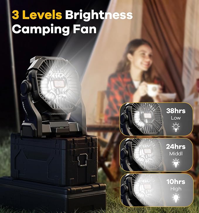 15000mAh Portable Battery Powered Camping Fan - with LED Light, Quiet Battery Operated, Camping Gear for Travel, Tent, Beach, Car or Hurricane Power Outages,Black