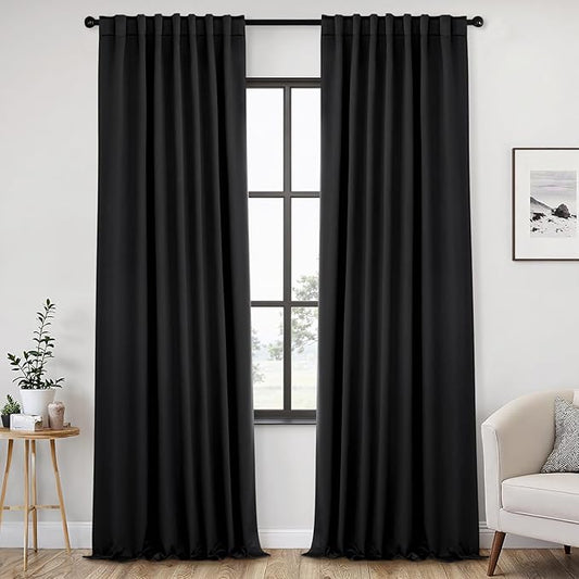 ANRODUO Back Tab Blackout Curtains for Bedroom Living Room, Rod Pocket Pinch Pleated Thermal Insulated Room Darkening Curtains 108 Inches Long 2 Panels, Black, 52 x 108 Inch