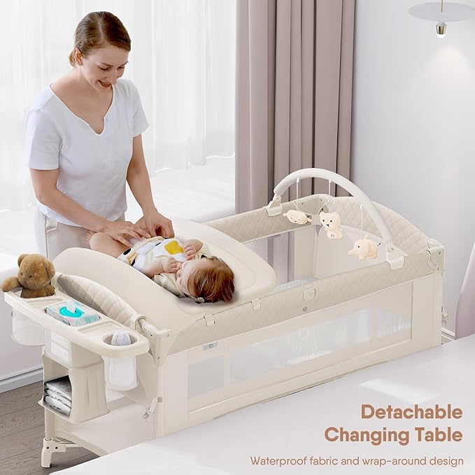 4 in 1 Baby Bassinet, Pack and Play, Bedside Crib Sleeper, Diaper Changer - Comes with Mattress, Mosquito Net,Bottom Storage and Toy Bar for Newborn to Toddles