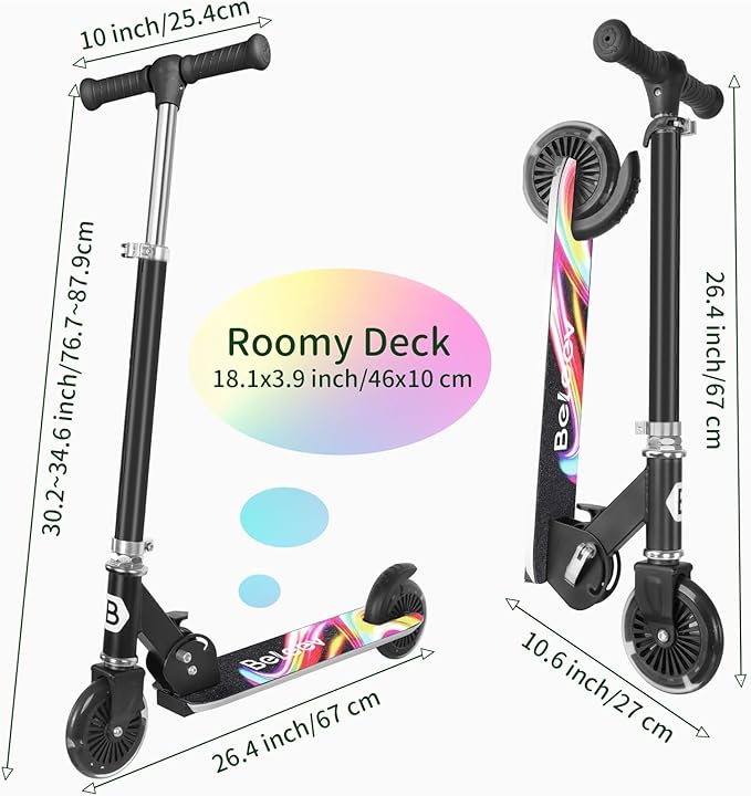 BELEEV V2 Scooters for Kids with Light-Up Wheels & Stem & Deck, 2 Wheel Folding Scooter for Girls Boys, 3 Adjustable Height, Non-Slip Pattern Deck, Lightweight Kick Scooter for Children Ages 3-12
