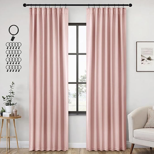 ANRODUO Light Pink Blackout Curtains for Girls Bedroom Living Room, Back Tab Rod Pocket Pinch Pleated Thermal Insulated Room Darkening Curtains 90 Inches Long 2 Panels, 52 x 90 Inch