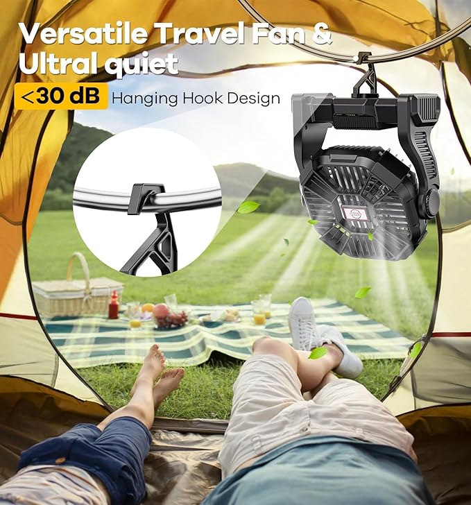15000mAh Portable Battery Powered Camping Fan - with LED Light, Quiet Battery Operated, Camping Gear for Travel, Tent, Beach, Car or Hurricane Power Outages,Black