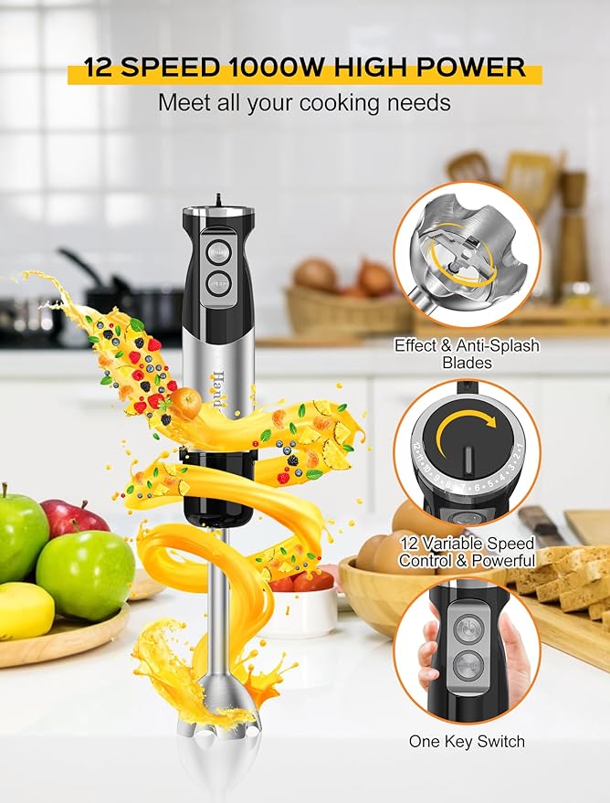 Handor 6-in-1 Hand Immersion Blender, 1000W 12 Speed Handheld Blender with 600ml Beaker, 500ml Chopper, Egg Whisk, Milk Frother, Stainless Steel Blades for Soup, Smoothie, Puree