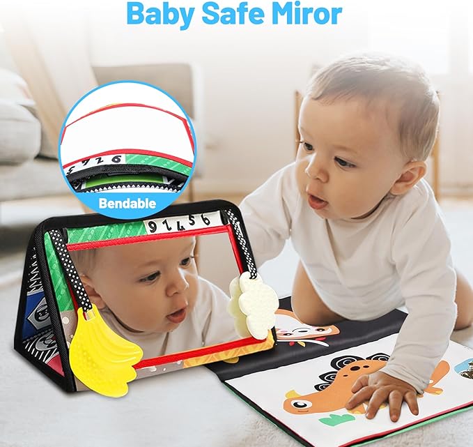 Baby Mirror Toys for Tummy Time, Newborn Infant 0 3 4 6 12 Months Old Boy, Girl Gift. Brain Developmental Montessori Sensory High Contrast Crinkle Book w Safe Mirror for Floor, Crib, Car, Bouncer