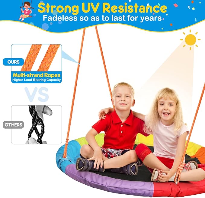 GIKPAL Saucer Swing with Stand for Kids Outdoor, 440lbs Swing Set with Heavy-Duty Metal Frame and Adjustable Ropes, Safe Waterproof Round Playset for Backyard Playground Park, Rainbow Color