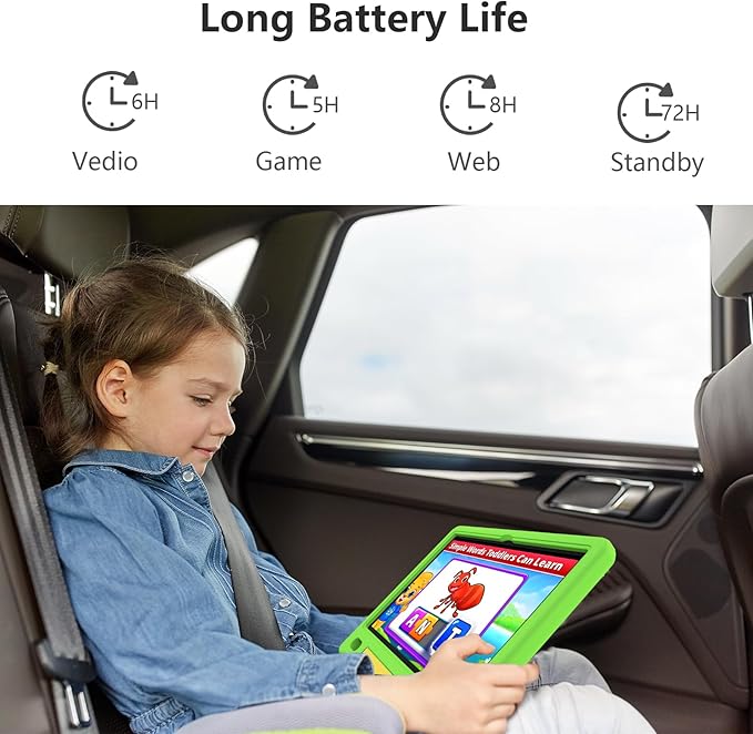 JREN Kids Table 10.1" |Android 14 Tablet for Kids|64GB Storage|Octa-Core|WiFi |Cameras|Parental Control|Kids Content|Case Included Great Gift for Children Ages 3-12 Years Old Green