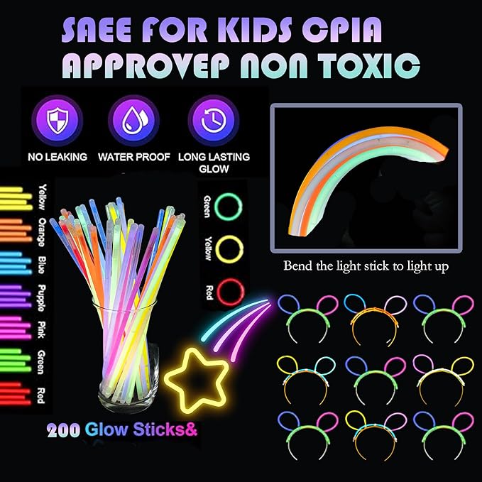 272 PCs Glow Party Supplies, 24 Foam Glow Sticks, 24 LED Glasses and 200 Glow Sticks & Bracelets, 12 Glow sticks headband 12 Fiber Optic Hair Light,Glow Neon Party Favors for Wedding, Concert, Raves