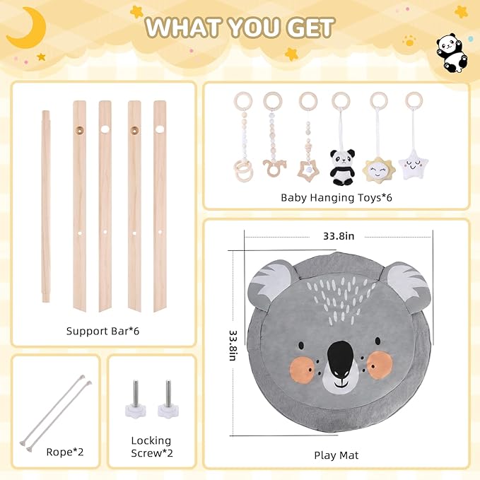 Baby Play Gym with Mat – Wooden Montessori Gym for Newborns 0-12M,Natural Pine Wood with 6 Sensory Toys,Foldable & Portable (Koala)