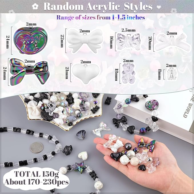 Assorted 170-230PCS Black Acrylic Beads for Bracelet Making, Flower Bow Butterfly Candy GummyBear Aesthetic Bracelet Charms,Cute Beads for Jewelry Making DIY Necklace Keychain Phone Charm