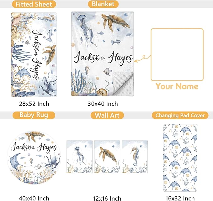 Custom Crib Bedding Set - 5 Pcs Customized Baby Crib Set with Name - Soft Double Layer Marine Animals Nursery Baby Bedding Set for Girls Boys - Personalized for Infant Toddler