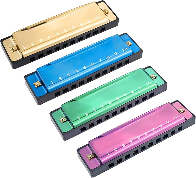 4PCS Key of C 10 Hole 10 Tones Titanium Color Harmonica with Case for Beginner Students Kids(Gold, Purple, Green, Blue)