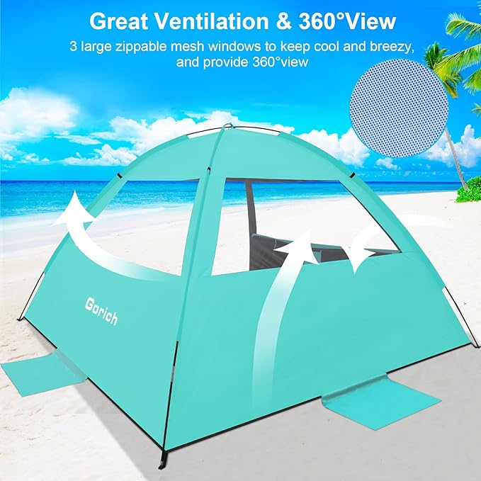 Gorich Beach Tent Sun Shelter for 3/4-5/6-7/8-10 Person with UPF 50+ UV Protection, Lightweight & Easy Setup Beach Shade Canopy, Portable Beach Shade Tent Beach Cabana