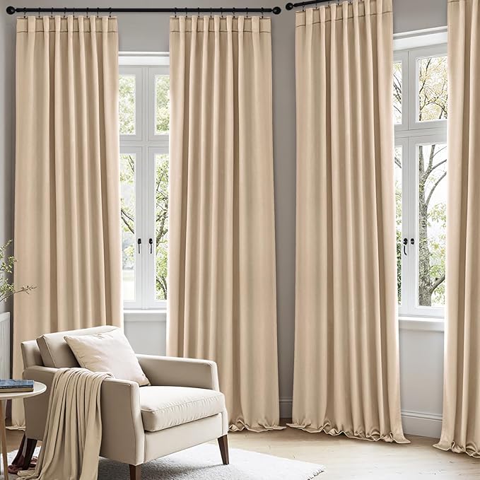 ANRODUO Back Tab Blackout Curtains for Bedroom Living Room, Rod Pocket Pinch Pleated Thermal Insulated Room Darkening Curtains 63 Inches Long 2 Panels, Beige, 42 x 63 Inch