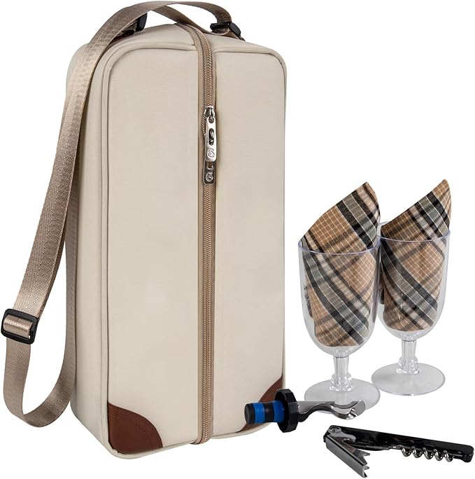 ALLCAMP Wine Tote Bag with Cooler Compartment,Picnic Set Carrying Two Sets of Tableware(Cream-Colored)