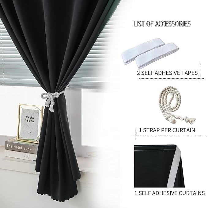 Adhesive Blackout Curtains- Self Stick Shades Window Blinds Curtains No Rod Needed Easy to Hang Curtains, Use for Bedroom, Living Room, Dining Room, Kitchen, Home Office, 35"W X 71"L, Black, 1 Panel