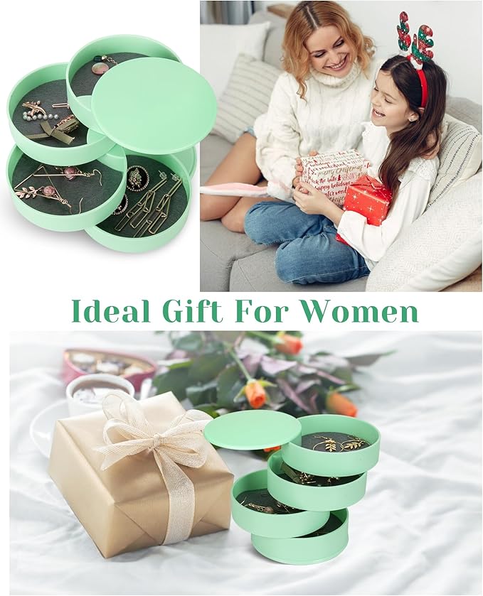 CONBOLA Jewelry Organizer, Small Jewelry Storage Box Earring Holder for Women, 4-Layer Rotating Travel Jewelry Tray Case with Lid for Bracelets Rings Bracelets