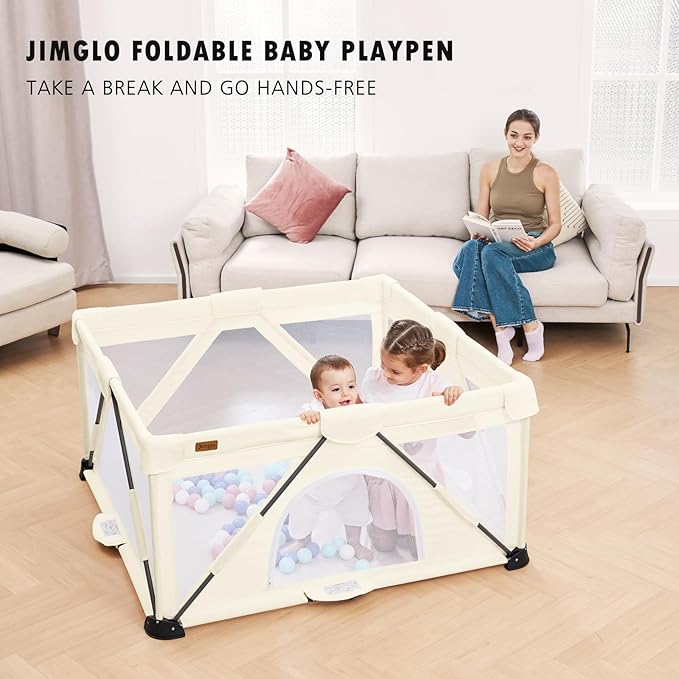 Baby Playpen Foldable, Playard for Babies and Toddlers, Portable Playpen Activity Center with 50 Balls+2 Handles for Travel, Indoor & Outdoor Play Pen with Mesh 50''x50''