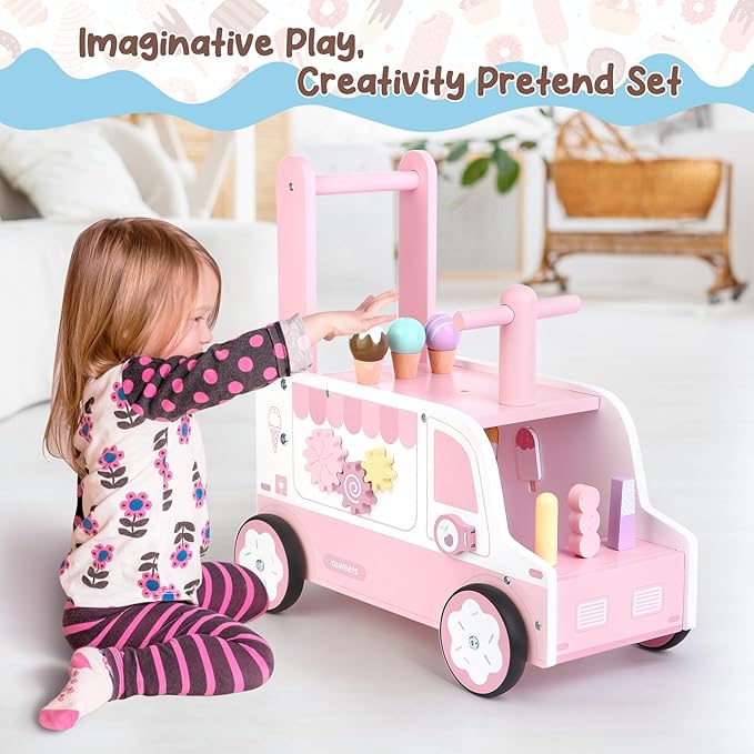 Asweets Wooden Baby Push and Pull Walker with Wheels, Learining Acticity Walker for Boys & Girls, Multiple Activities Center, Develops Motor Skills & Stimulates, 17.3''L x 9.1''W x 18.1''H