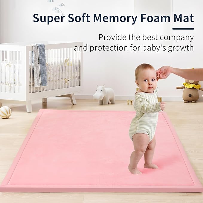ACOMOPACK Baby Play Mat for Floor 1.3" Thick Memory Foam Play Mat 79"×157" Tummy Time Crawling with Non-Slip Bottom for Living Room,Nursery,Soft Velvet Playpen Mats for Kids,Infants(Pink)