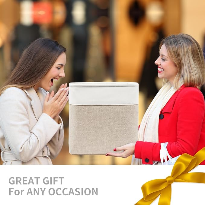 Collapsible Fabric Storage Cubes 11x11 Cube Storage Bins, 4 Pack Closet Baskets Box with Handles for Organizing, Shelf, Toys, Clothes, Home, Office, Nursery (Beige&White)