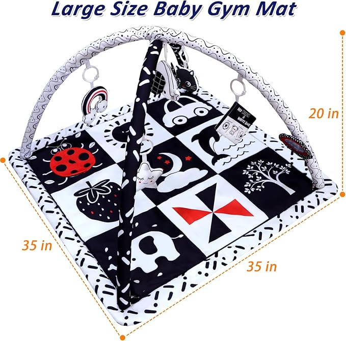 Black and White Baby Gym Play Mat with 6 Toys Tummy Time Activity Mat for Babies 0-6 6-12 Months High Contrast Baby Gyms & Playmats Sensory Toys Newborn Brain Development Infant Play Mat