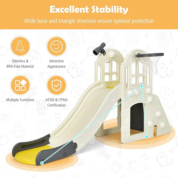 BABY JOY Toddler Large Slide, 6 in 1 Slide for Kids with Basketball Hoop, Ring Toss, 2 in 1 Convertible Climbing Way, Freestanding Kids Slide Climber Set for Indoors Outdoor Boys Girls Gifts Present