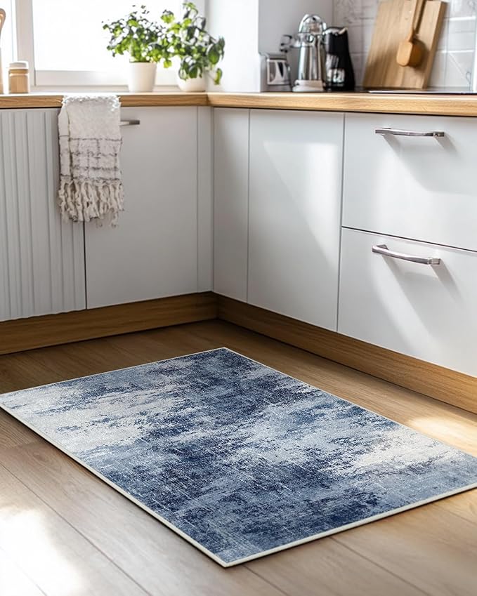 Amada Washable Entry Rug, 2x3 Modern Abstract Rug with Short Pile and Non-Slip Backing, Small Rug with Abstract Pattern for Entryway, Kitchen and Living Room, Dark Blue