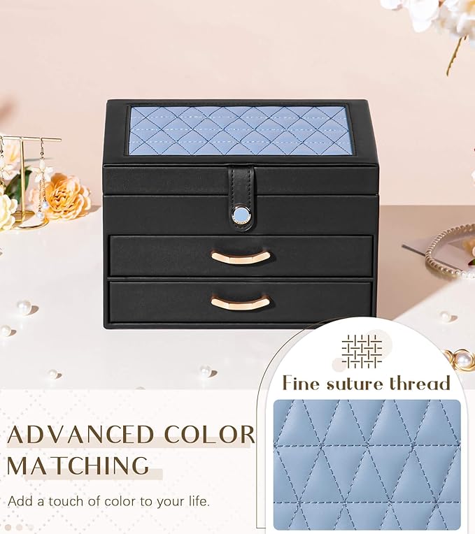 Black Jewelry Box Organizer: Home Decor for Women - 2-Drawer Holder for Valentine’s Day Birthday Christmas Black Grey-Blue