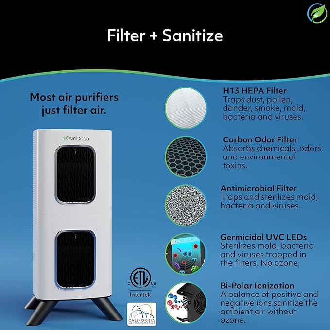 Air Oasis iAdaptAir 2.0 H13 HEPA Filter Air Purifier Reduces 99% of Viruses, Mold, Dust, Smoke, Pollen & Odors Quietest on The Market WiFi Compatible 2,650 Sq Ft of Clean Air