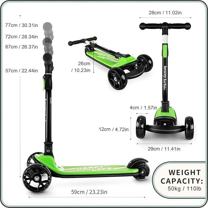 Besrey Kick Scooter for Kids Ages 3-10, 3-Wheel Folding Scooter with Adjustable Height, LED Light Wheels, Extra Wide Deck for Outdoor Activities