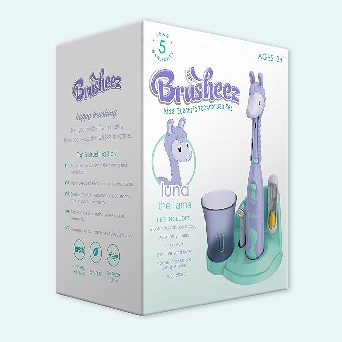 Brusheez Kids’ Electric Toothbrush Set - Safe & Effective for Ages 3+ - Parent Tested & Approved with Gentle Bristles, 2 Brush Heads, Rinse Cup, 2-Minute Timer, & Storage Base (Luna The Llama)