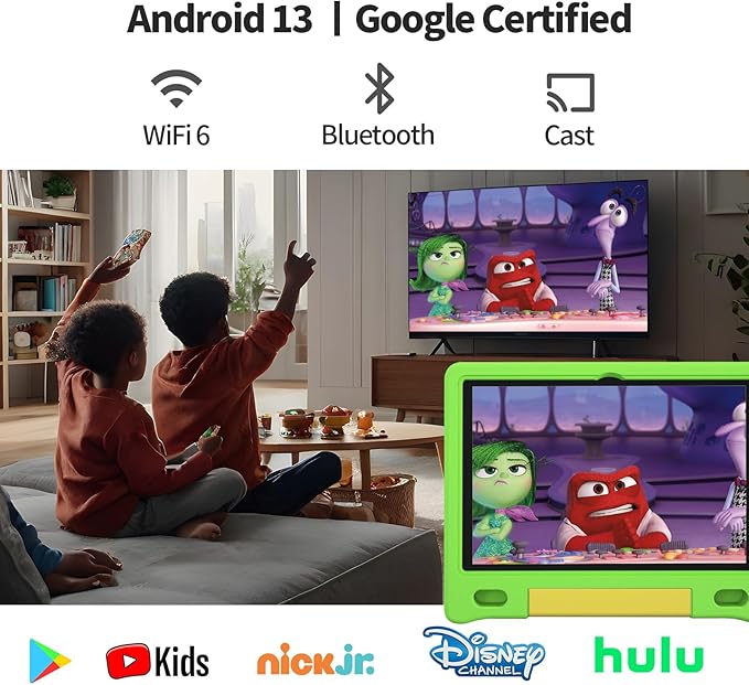 JREN Kids Table 10.1" |Android 14 Tablet for Kids|64GB Storage|Octa-Core|WiFi |Cameras|Parental Control|Kids Content|Case Included Great Gift for Children Ages 3-12 Years Old Green