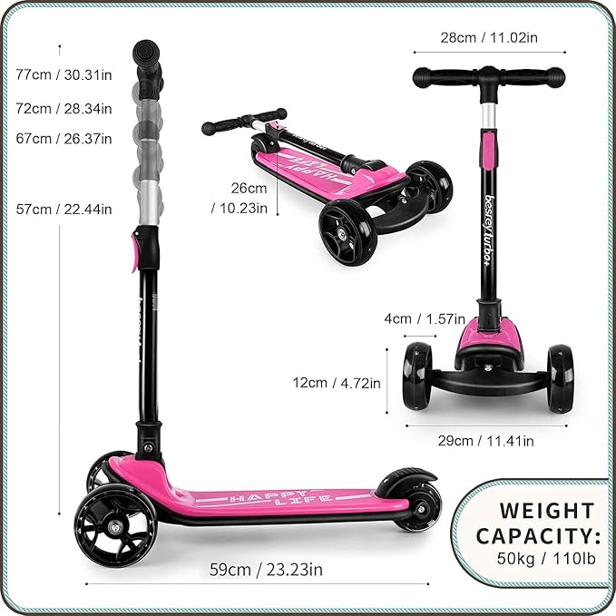 Besrey Kick Scooter for Kids Ages 3-10, 3-Wheel Folding Scooter with Adjustable Height, LED Light Wheels, Extra Wide Deck for Outdoor Activities