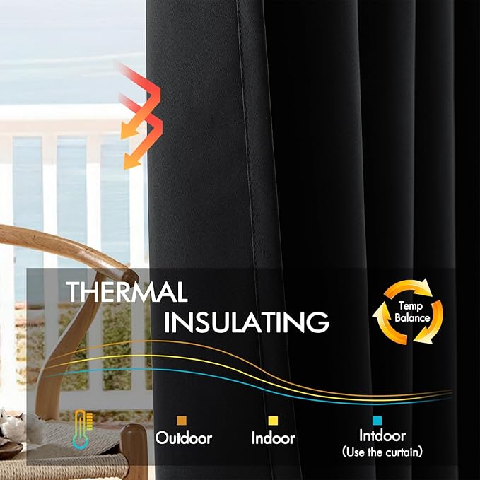 ANRODUO Back Tab Blackout Curtains for Bedroom Living Room, Rod Pocket Pinch Pleated Thermal Insulated Room Darkening Curtains 102 Inches Long 2 Panels, Black, 52 x 102 Inch