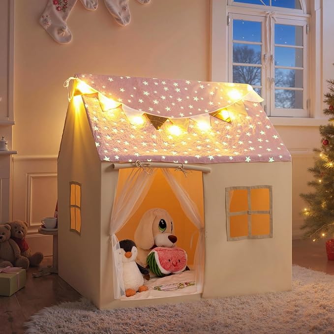 INFANS Kids Play Tent with Glow in The DarkWashable Mat Star Light Windows, Anti-Trip Large Playhouse Toys for Children Boys Girls, Indoor Outdoor Princess Tents Castle for Toddlers (Fluorescent Pink)