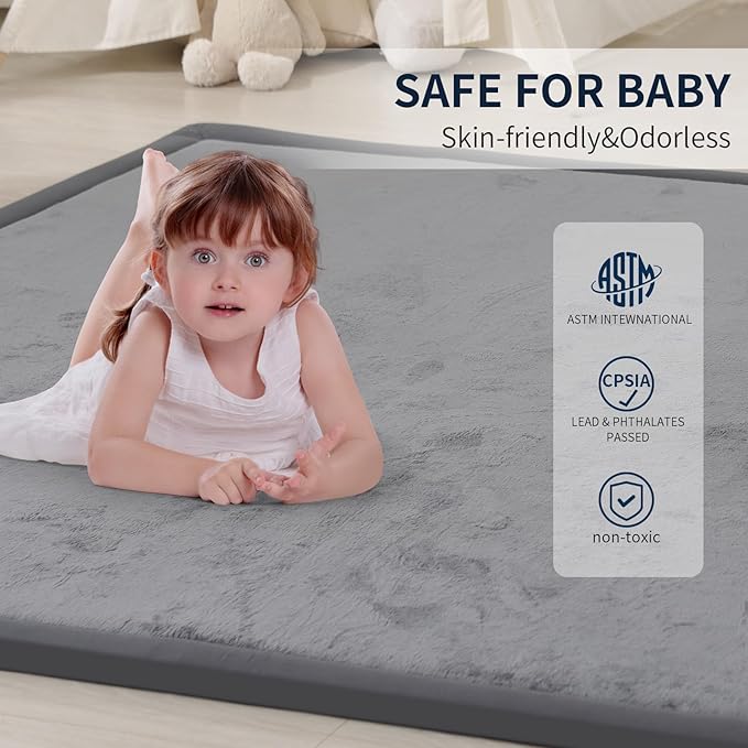 ACOMOPACK Baby Play Mat for Floor 1.3" Thick Memory Foam Play Mat 39"×59" Tummy Time Crawling with Non-Slip Bottom for Living Room,Nursery,Soft Velvet Playpen Mats for Kids,Infants(Dark Grey)
