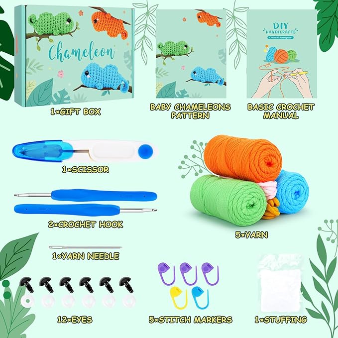 Crochet Kit for Beginners - 3 PCS Baby Chameleon Crochet Kits with Step-by-Step Video Tutorials, Beginner Crochet Kit for Adults Kids, Chameleon Crocheting Set (Orange&Blue&Green)