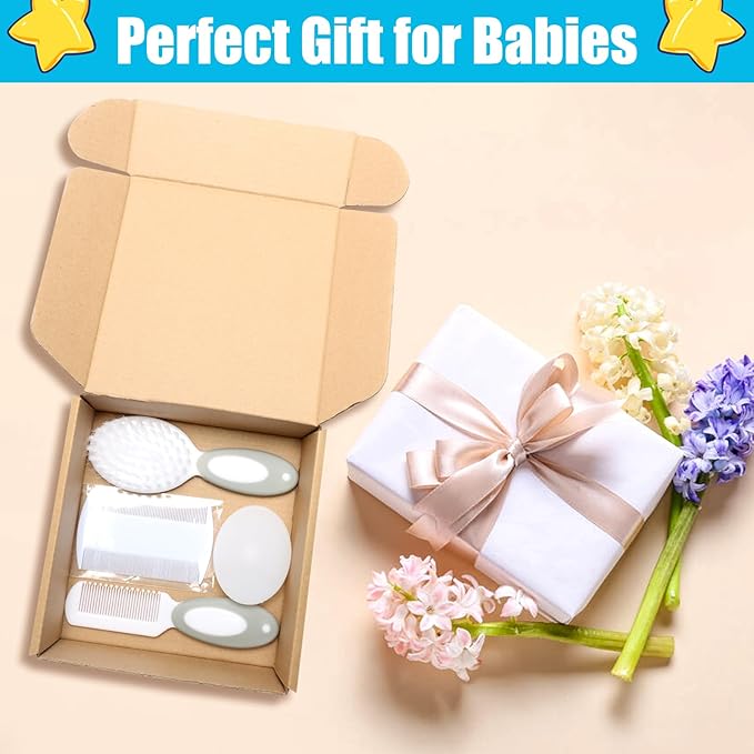 Baby Hair Brush and Comb Set, 4Pcs Baby Soft Bristles Brush Cradle Cap Brush Hair Comb for Newborns Toddlers Boys Girls (Grey)