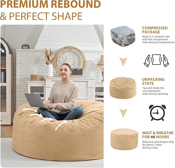 3FT Bean Bag Chair, Comfy Bean Bag Chairs with Memory Foam Filled, Fluffy Beanbag Sofa with Dutch Velvet Cover, Round BeanBag Chairs for Living Room, Playroom - Khaki
